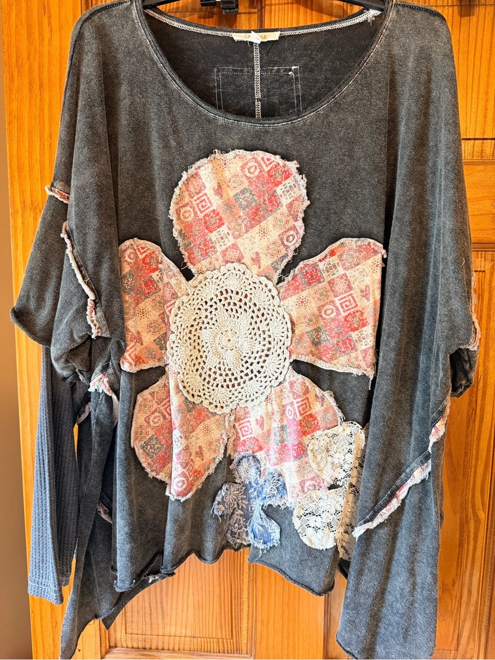 Oli & Hali Boho Patchwork Crochet Flower Women's Top - washed black